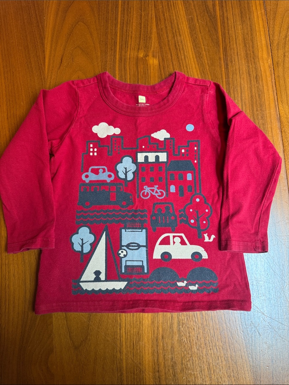 Tea Collection Burgundy Long-Sleeve Tee with City & Vehicle Graphic